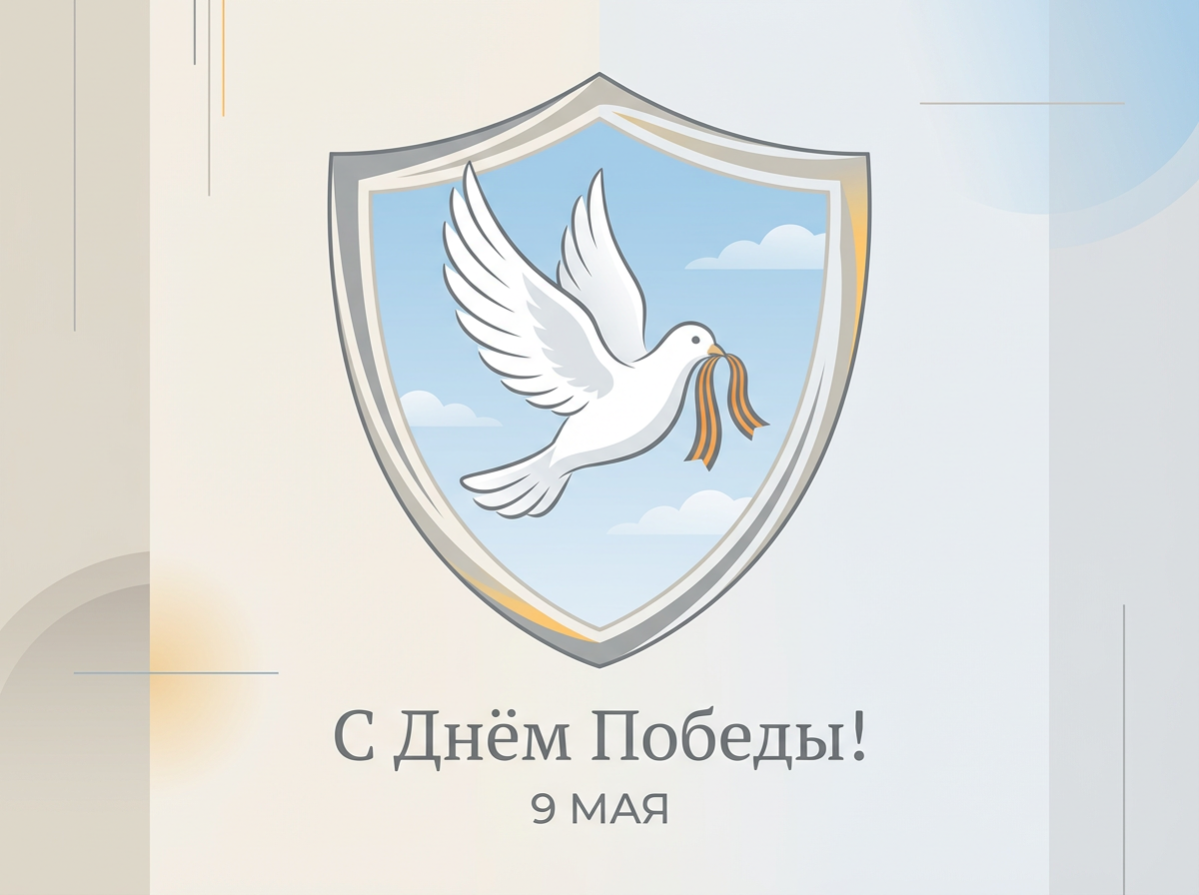 Открытка к 9 Мая: белый голубь с георгиевской лентой на фоне щита и надпись С Днем Победы