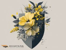 Поздравительная открытка Юнигард к 8 Марта: желтые цветы на фоне защитного щита